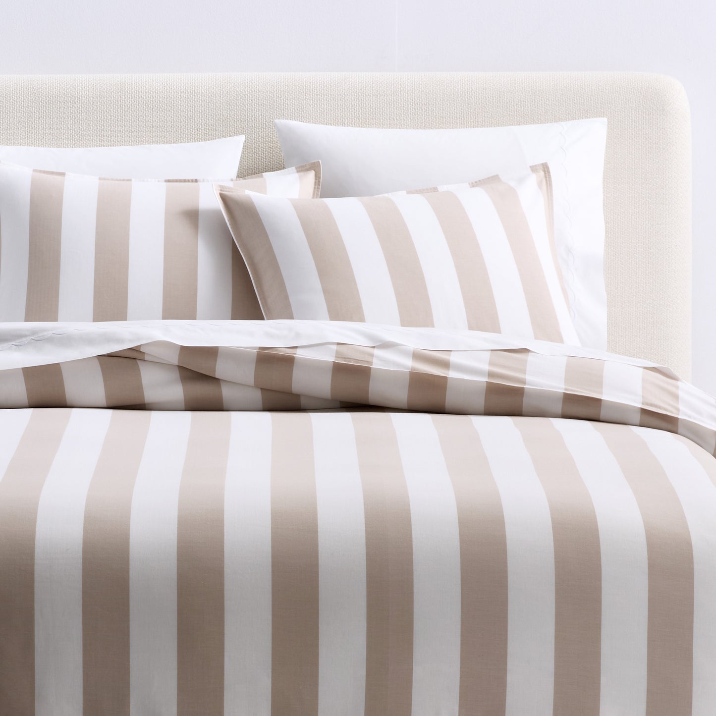 Khaki and white wide-stripe cotton duvet cover and sham set with a woven herringbone pattern.