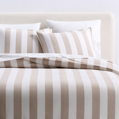 Khaki and white wide-stripe cotton duvet cover and sham set with a woven herringbone pattern.
