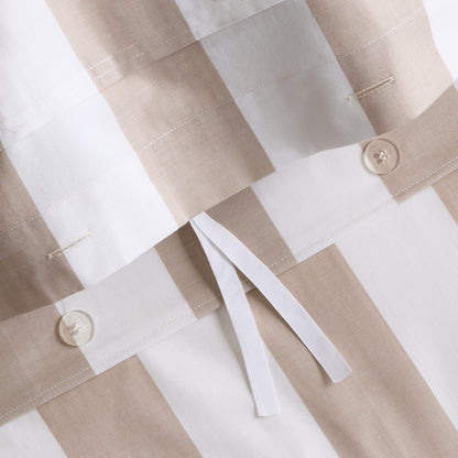 Khaki and white wide-stripe cotton duvet cover with herringbone texture and tie closures.