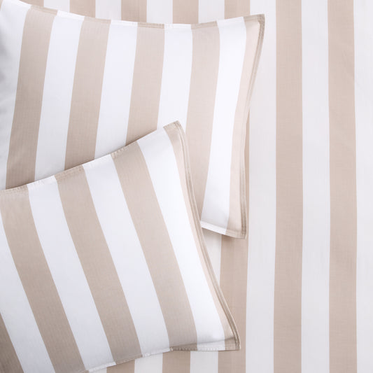Set of two khaki and white wide-striped euro shams featuring a subtle herringbone texture.