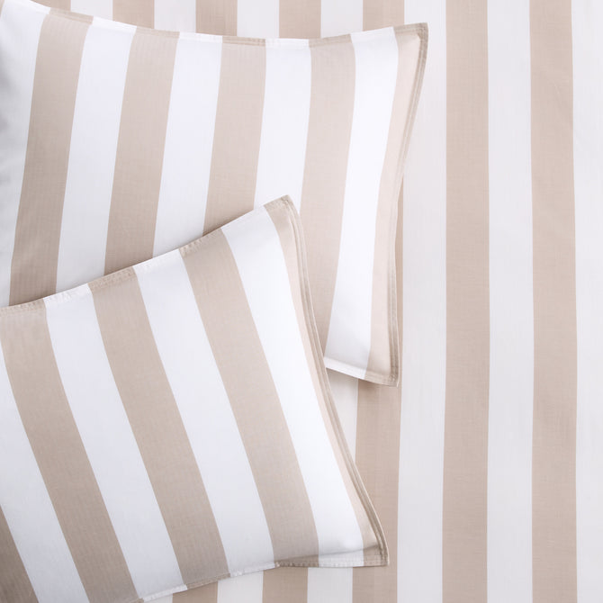 Set of two khaki and white wide-striped euro shams featuring a subtle herringbone texture.
