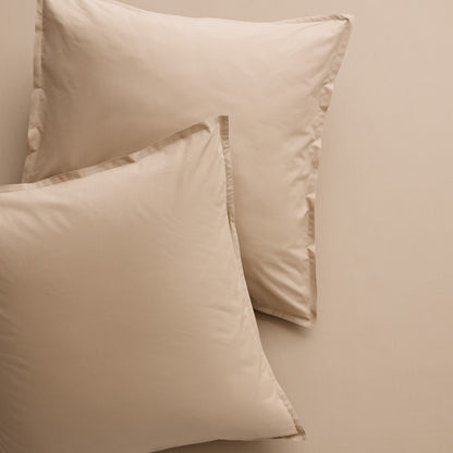 Two Khaki Italian Percale Euro Shams, soft cotton fabric with envelope closures.