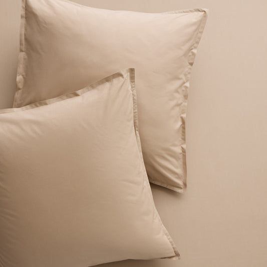 Two Khaki Italian Percale Euro Shams, soft cotton fabric with envelope closures.