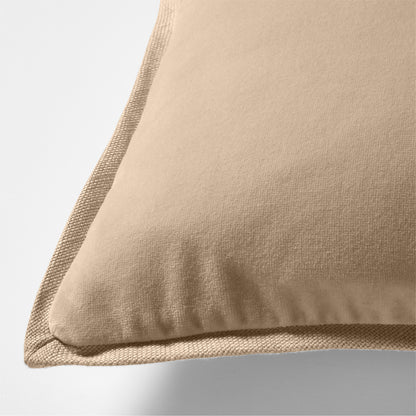 Khaki linen and velvet reversible lumbar pillow, 20"L x 14"H, with a textured edge.