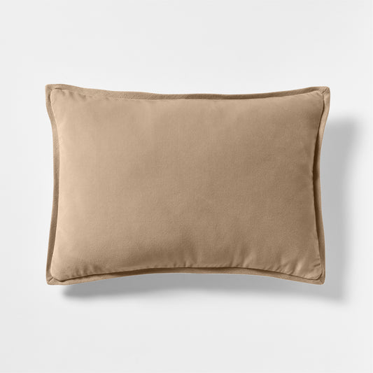Khaki linen and velvet reversible lumbar pillow, 20"L x 14"H, with a subtle texture.