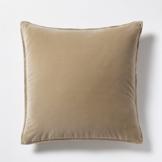 Khaki linen and velvet 22" square reversible pillow with visible textured linen trim.