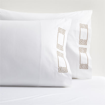 White percale pillowcases with Khaki embroidered Greek key design.