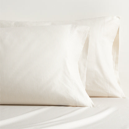 Khaki Stripe Cotton-Chambray Sheet Set with two pillowcases and fitted sheet, featuring thin woven stripes.