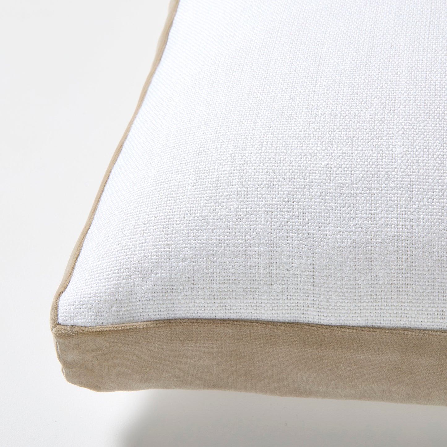 Khaki Velvet Gusseted Lumbar Pillow, white Belgian Linen top, khaki velvet bottom, 20"L x 14"H.