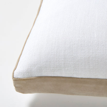 Khaki Velvet Gusseted Lumbar Pillow, white Belgian Linen top, khaki velvet bottom, 20"L x 14"H.