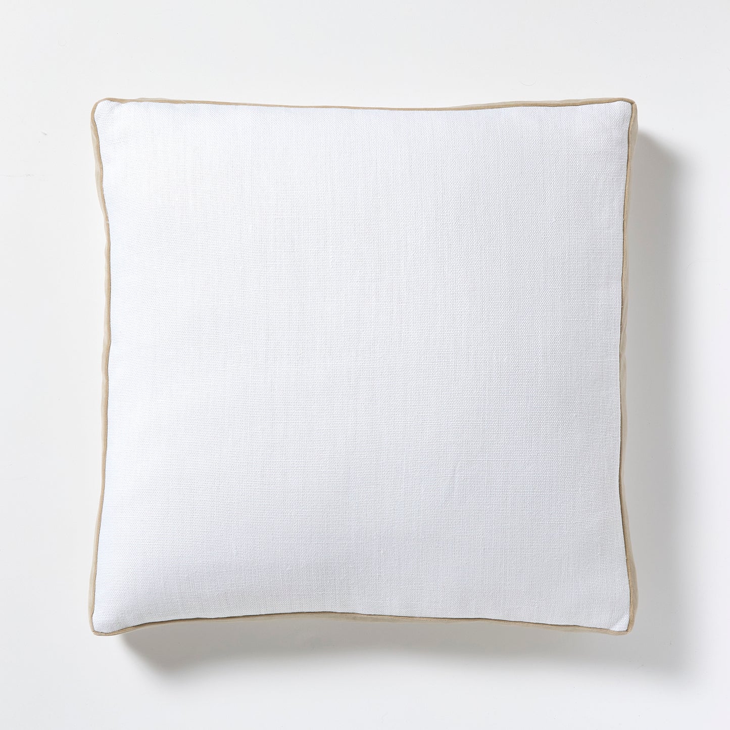 White linen and velvet square pillow with khaki gusset, 22" square.