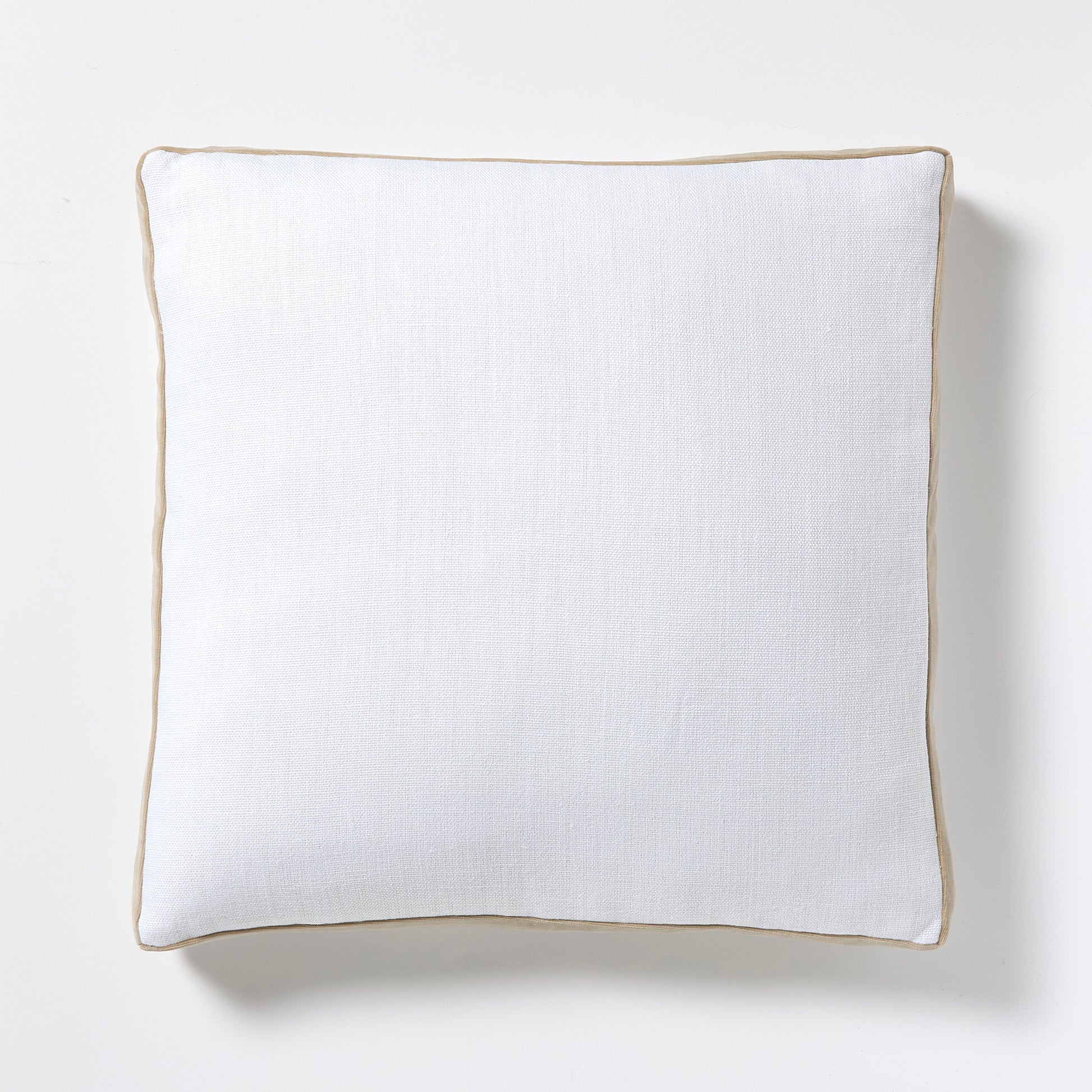 White linen and velvet square pillow with khaki gusset, 22" square.