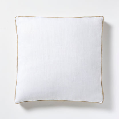 White linen and velvet square pillow with khaki gusset, 22" square.