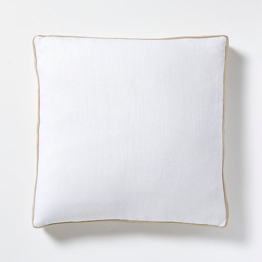White linen and velvet square pillow with khaki gusset, 22" square.