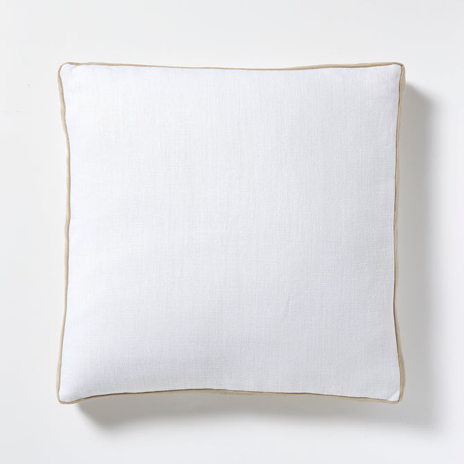 White linen and velvet square pillow with khaki gusset, 22" square.
