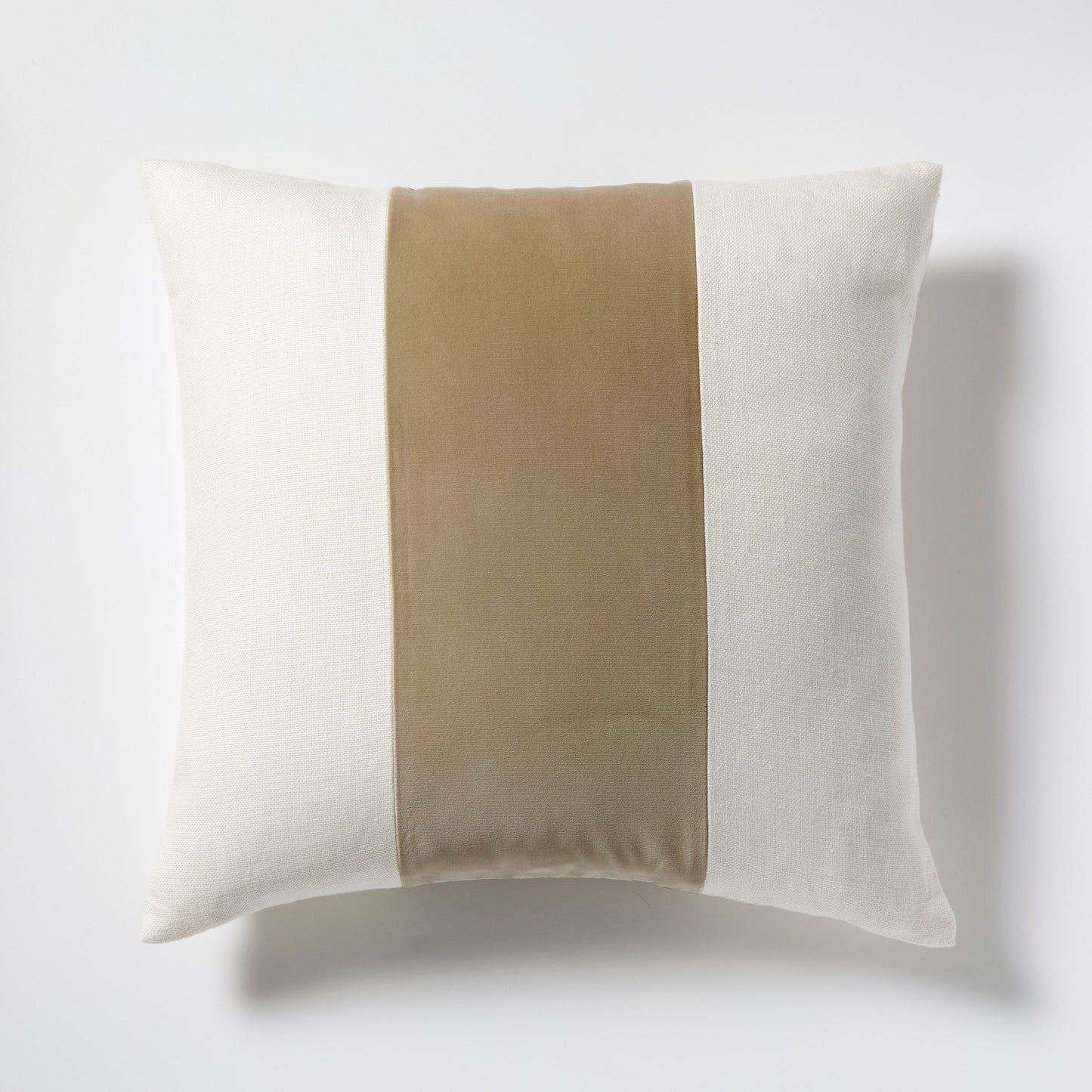 Khaki Wide Velvet and Linen Stripe Pillow, 22" square, cream Belgian linen with khaki cotton velvet stripe.