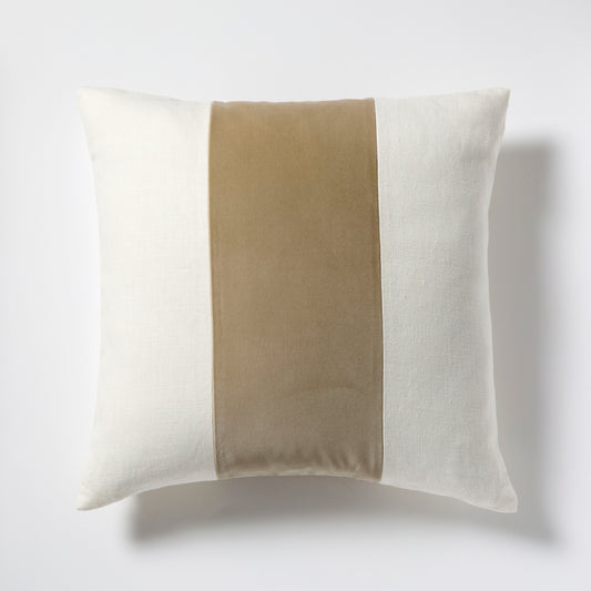 Khaki Wide Velvet and Linen Stripe Pillow, 22" square, cream Belgian linen with khaki cotton velvet stripe.