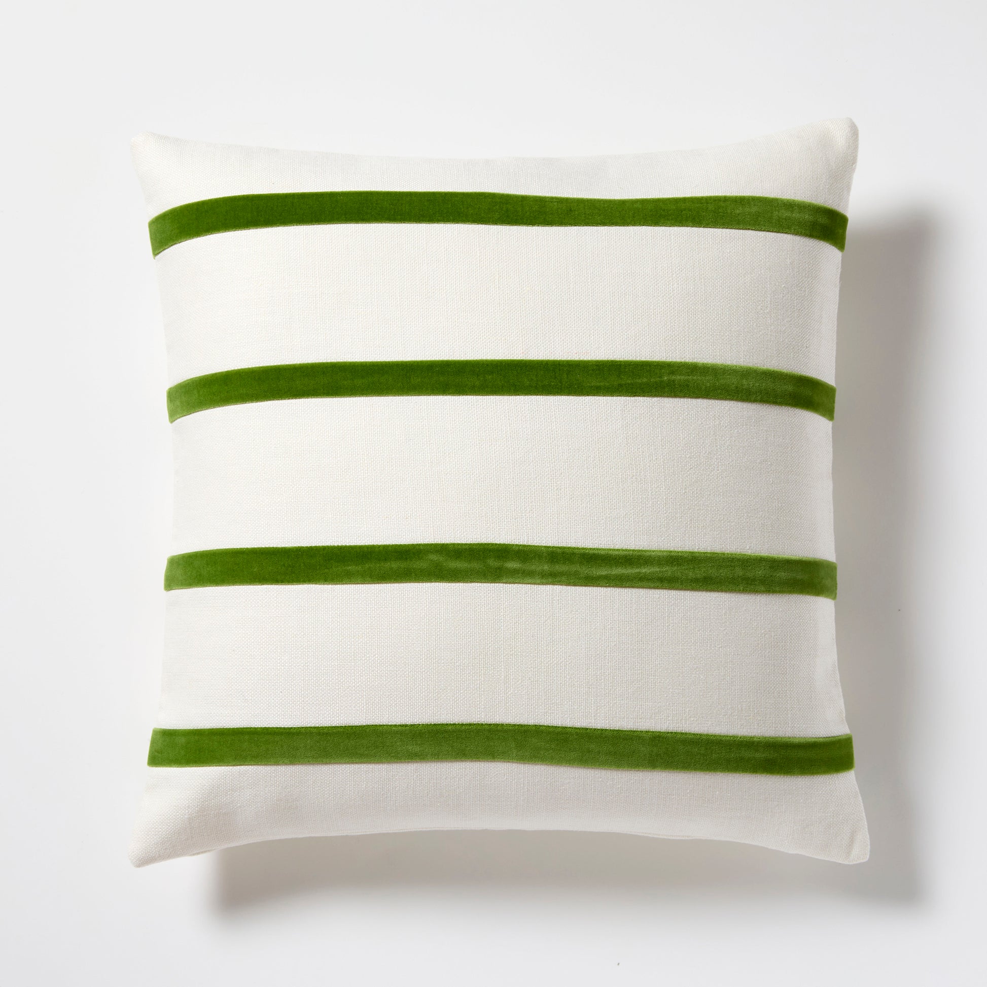 Kiwi green and ivory thin velvet stripe pillow, 22" square, made from Belgian linen and cotton velvet.