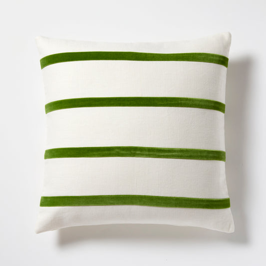 Kiwi green and ivory thin velvet stripe pillow, 22" square, made from Belgian linen and cotton velvet.