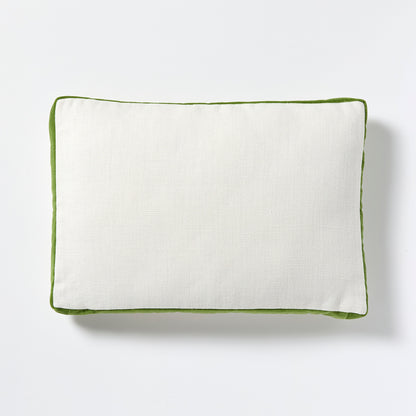 Kiwi Green Velvet Gusseted Lumbar Pillow, 20x14, with white linen front.