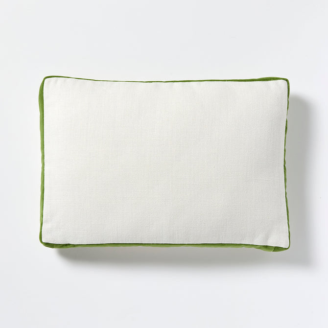 Kiwi Green Velvet Gusseted Lumbar Pillow, 20x14, with white linen front.