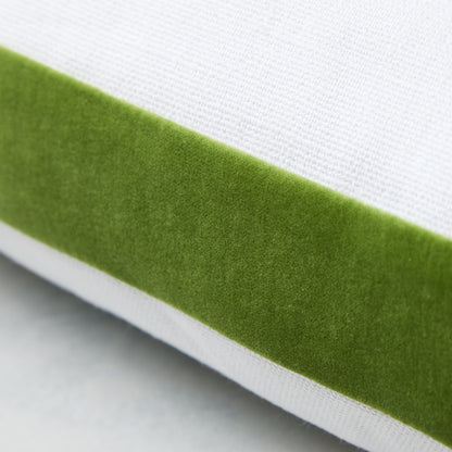 Kiwi green velvet gusseted square pillow with a white linen side, custom-made for Hudson Grace.