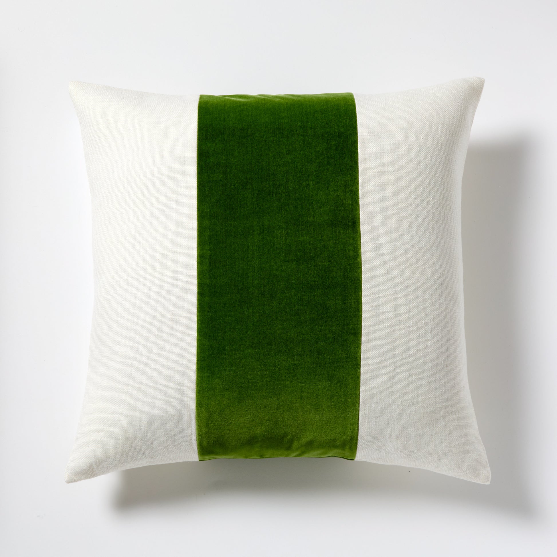 Kiwi Green Wide Velvet Stripe Pillow, 22" square, cream Belgian linen with a vertical green velvet stripe.