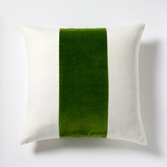 Kiwi Green Wide Velvet Stripe Pillow, 22" square, cream Belgian linen with a vertical green velvet stripe.