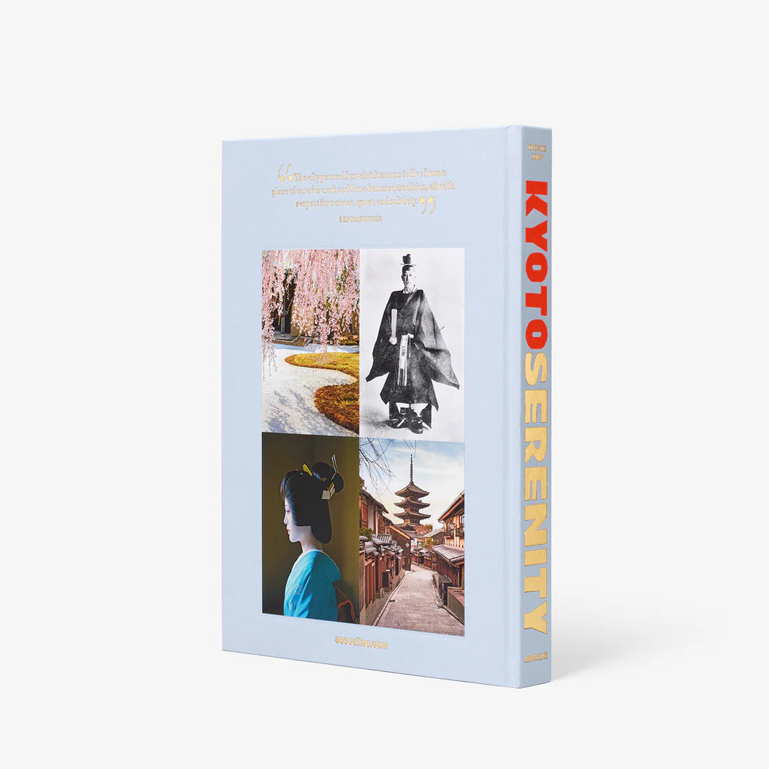 Hardcover "Kyoto Serenity" book, light blue with four image panels and red/orange spine text.