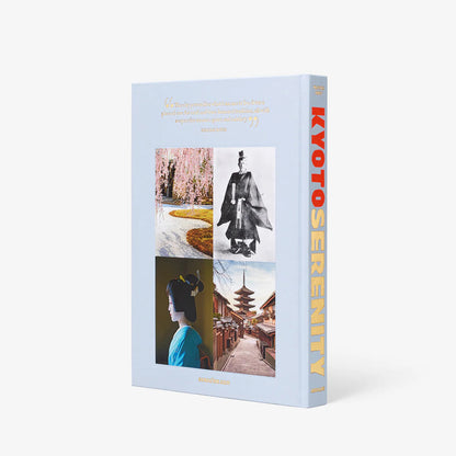 Hardcover "Kyoto Serenity" book, light blue with four image panels and red/orange spine text.