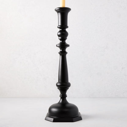 Large black lacquer Georgian candlestick, hand-carved beechwood, 19"H, with a cream taper candle.