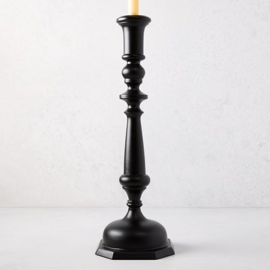 Large black lacquer Georgian candlestick, hand-carved beechwood, 19"H, with a cream taper candle.