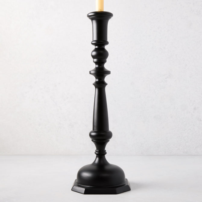 Large black lacquer Georgian candlestick, hand-carved beechwood, 19"H, with a cream taper candle.