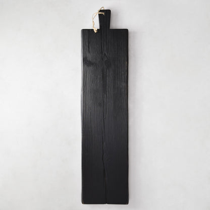 Large black reclaimed wood serving plank with handle and tag, 40"L x 10"W.