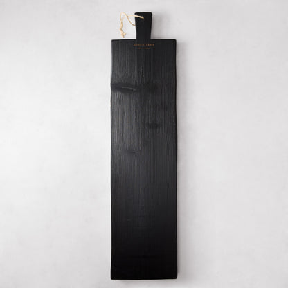 Long black reclaimed wood serving plank with handle and rope, 40"L x 10"W.