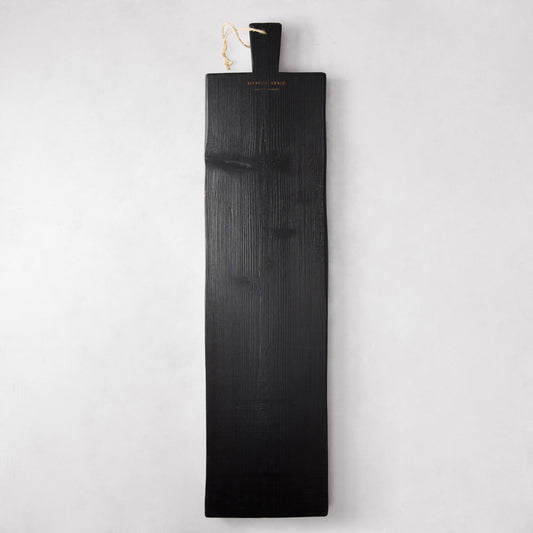Long black reclaimed wood serving plank with handle and rope, 40"L x 10"W.