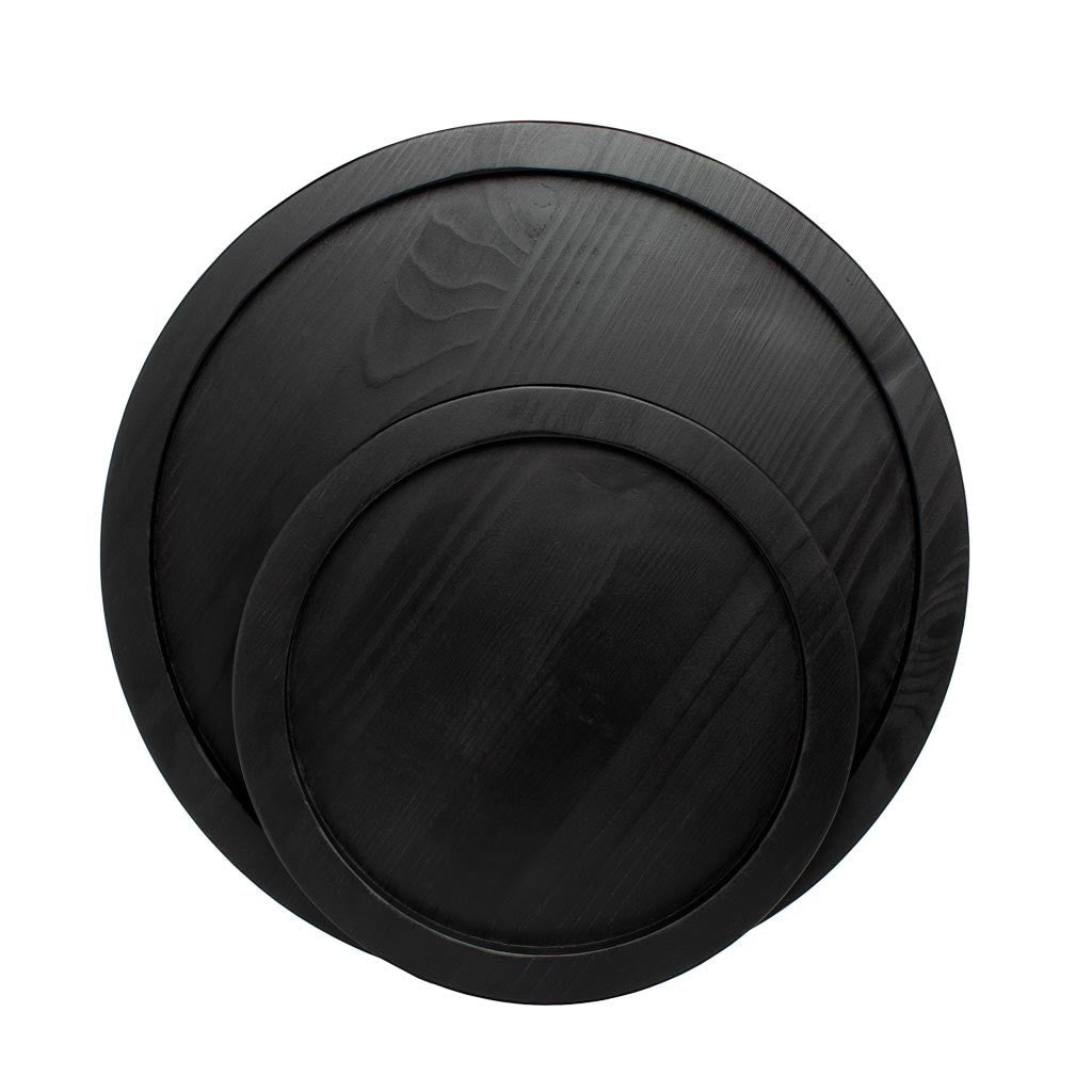 Large black reclaimed pine wood serving tray with raised rim, shown with a smaller tray.