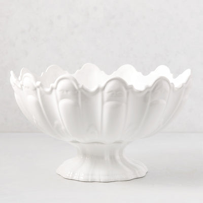 White ceramic scallop serve bowl, 17"Dia. x 9"H, with a fluted base and wavy rim.