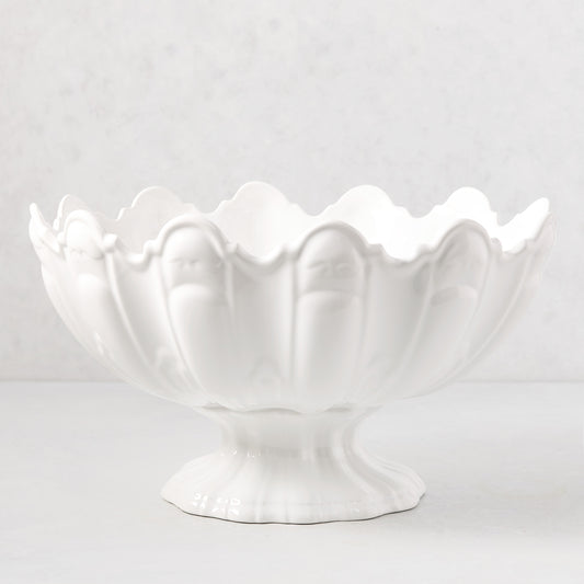 White ceramic scallop serve bowl, 17"Dia. x 9"H, with a fluted base and wavy rim.
