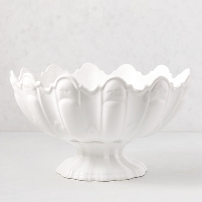 White ceramic scallop serve bowl, 17"Dia. x 9"H, with a fluted base and wavy rim.