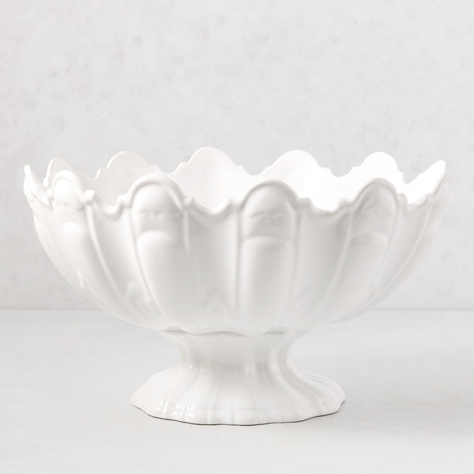 White ceramic scallop serve bowl, 17"Dia. x 9"H, with a fluted base and wavy rim.
