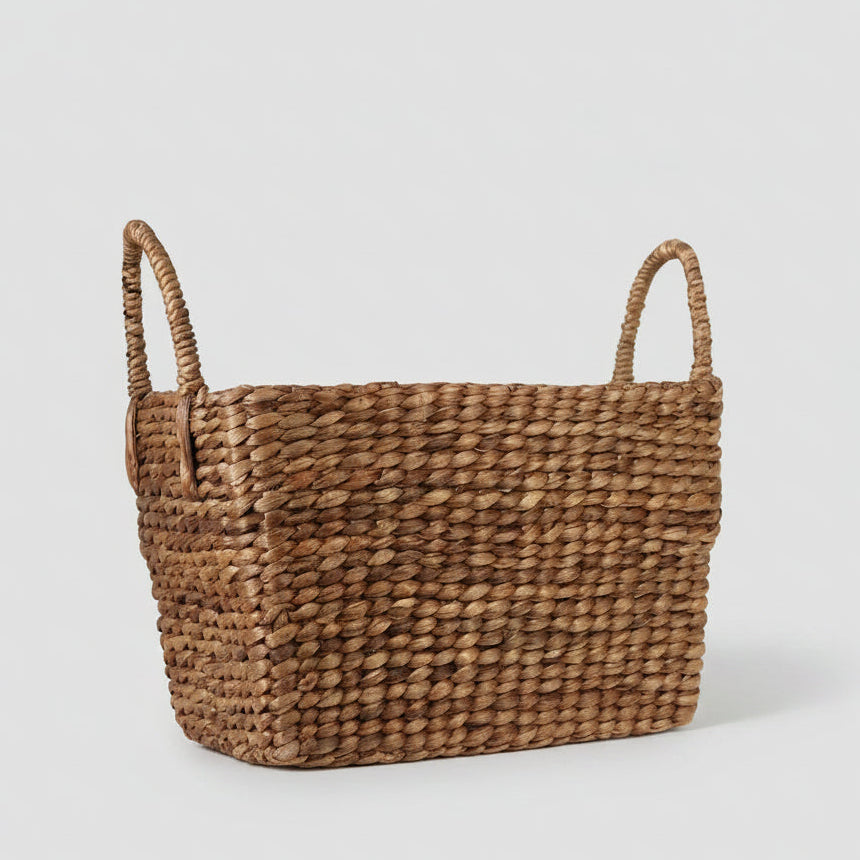 Large Elemental Water Hyacinth Handled Basket, natural woven texture, rectangular shape.