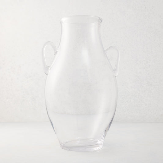 Large clear recycled glass confit vase with organic curves and decorative handles.