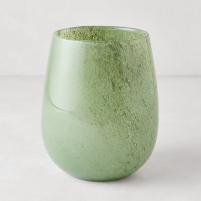 Large opaque green handblown glass barrel vase, 9"H x 7.5"W, with subtle texture.
