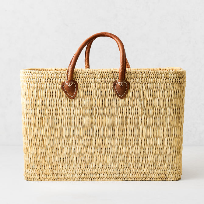 Large Leather-Handled Woven Tote Bag