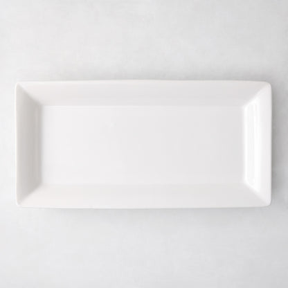 Large Lucca rectangular white ceramic serving platter with a sleek, modern edge.