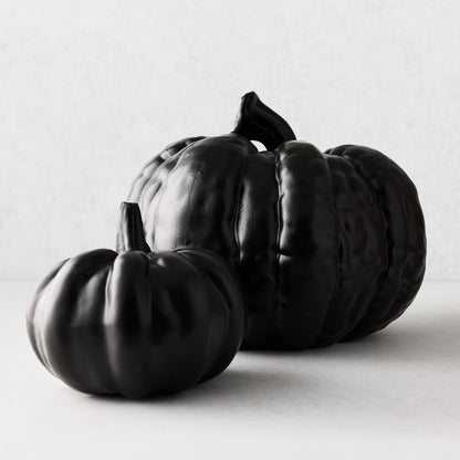 Two matte black ceramic pumpkins of different sizes with textured surfaces on a white background.