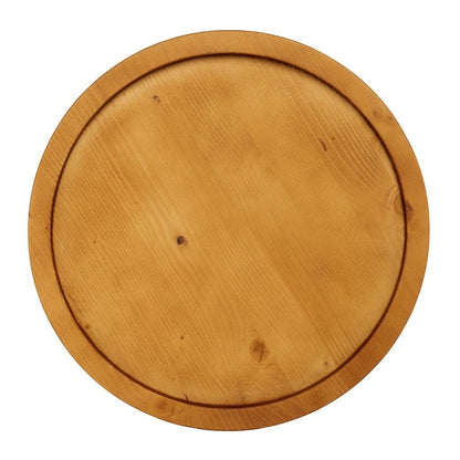 Large round natural reclaimed pine wood serving tray with raised rim and visible grain.