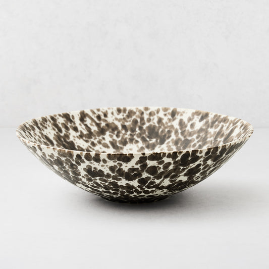 Large Nuno Splatter stoneware serve bowl, pale cream with unique brown spots.