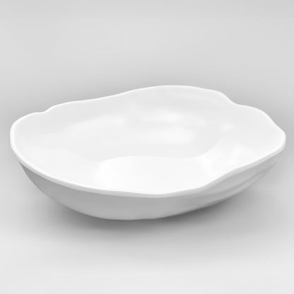 Large white organic melamine serve bowl with a sculptural shape.